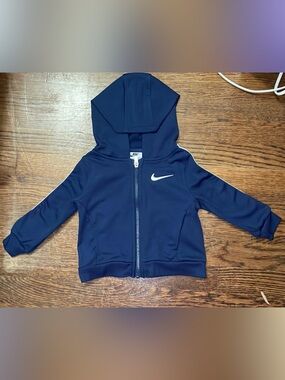 Nike Kids Navy Blue Hooded Zip Jacket with White Swoosh